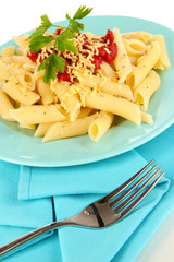 Rigatoni pasta dish with tomato sauce close up