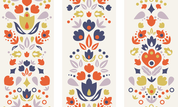 Three vector ornamental folk tulips vertical seamless patterns