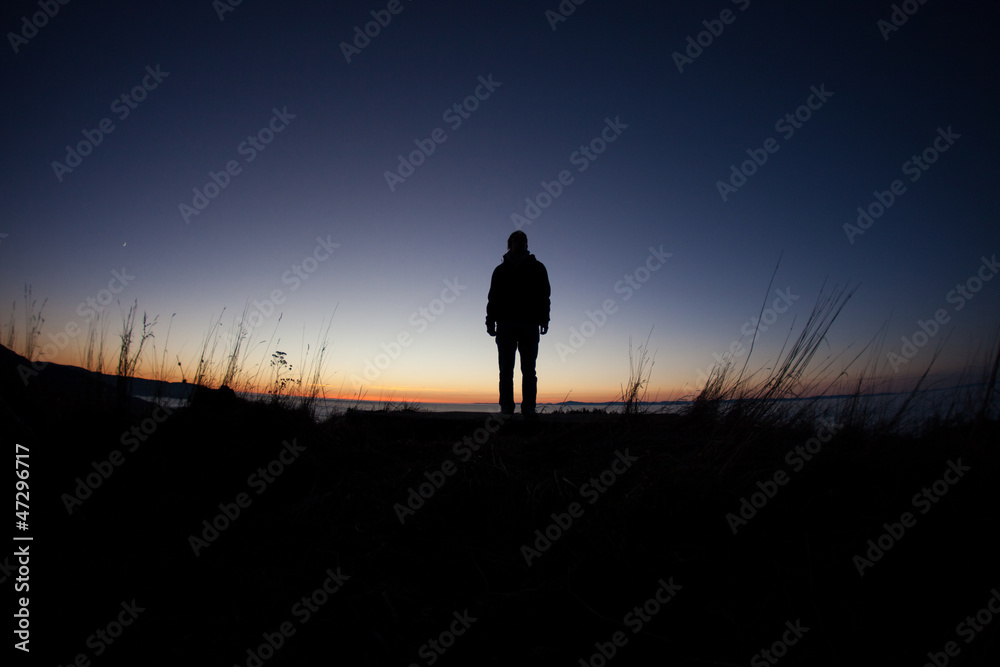 Wall mural silhouette of man standing in field after sunset