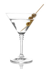 Martini glass and olives isolated on white
