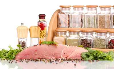 A large piece of pork marinated with herbs and spices isolated