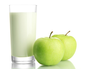 Glass of kefir and green apples, isolated on white