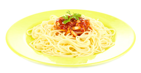 Italian spaghetti in plate isolated on white