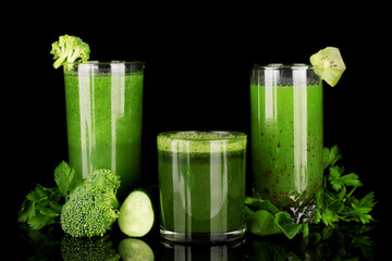 Three kinds of green juice isolated on black
