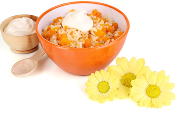 Useful pumpkin porridge in color plate isolated on white