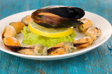 Snack of mussels and lemon on plate on blue wooden table