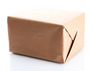parcel box with kraft paper, isolated on white