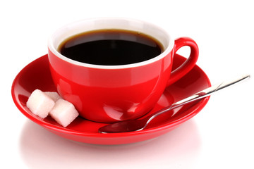 A red cup of strong coffee isolated on white