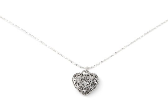 Silver Heart Pendant Necklace, Isolated On White