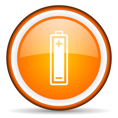 battery orange glossy circle icon on white background