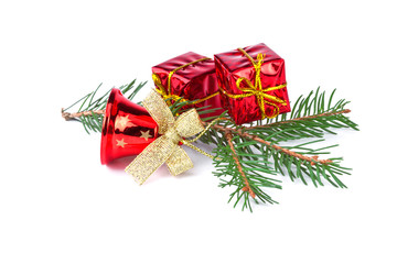 Fototapeta na wymiar red christmas bell with fir branch on white