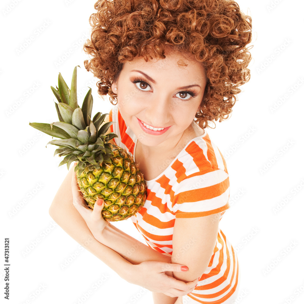 Poster fun woman with pineapple on the white background