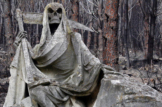 statue repr&eacute;sentant la mort devant une for&ecirc;t incendi&eacute;e