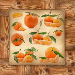 Tangerine fruits on yellow paper and wooden background