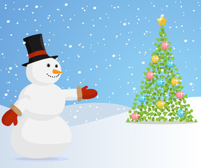 Christmas snowman inviting to the christmas tree.