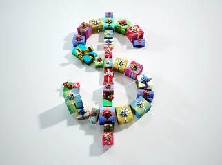 US Dollar sign,made of several gifts, viewed from top