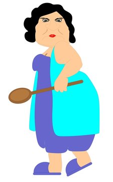 A grouchy grandmother with her wooden spoon