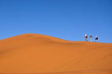Fototapeta na wymiar Ludzie idący na wydmie na pustyni Namib, turystyka w Afryce Południowej