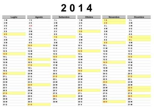 CALENDARIO DA TAVOLO ITALIANO 2014 LUGLIO DICEMBRE