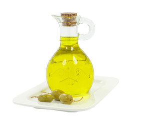 Jar with olive oil over white