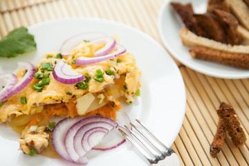 Vegetable baked pudding with cheese on a plate