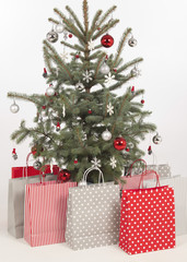Decorated Christmas tree on white background