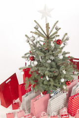 Decorated Christmas tree on white background