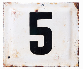 Old metal enamel plate with number five