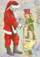 Obraz premium Santa Claus as the tailor sews clothes for his elf - drawing