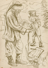 Santa Claus as the tailor sews clothes for his elf - drawing
