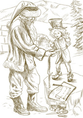 Santa Claus as the tailor sews clothes for his elf - drawing