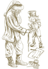 Santa Claus as the tailor sews clothes for his elf - drawing