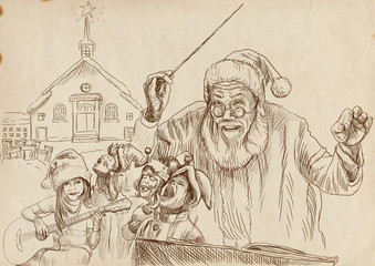 Santa Claus as conductor of the choir of Elves - drawing