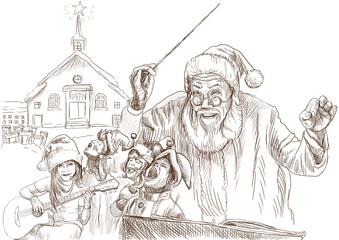 Santa Claus as conductor of the choir of Elves - drawing