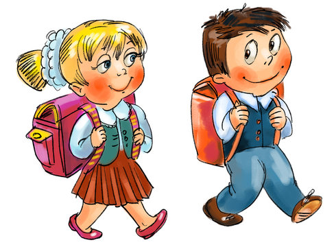 Boy and girl go to school. Hand-drawn