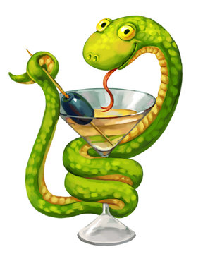 Snake on cup (medicine symbol). Martini glass with olive