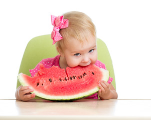 Little girl eating watermelon isolated on white background