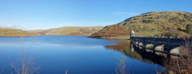 Craig Goch reservoir and dam panorama, Elan Valley Wales.