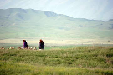 Two ladies in national dress walking in the green hills of Turkmenistan near the Iranian border. - obrazy, fototapety, plakaty