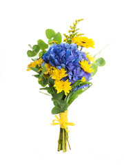 Bouquet from blue hydrangeas and yellow asters