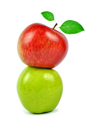 red and green apple with green leaf isolated on white