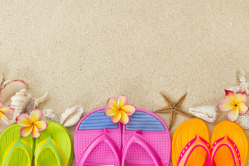 Flip Flops in the sand with shells and frangipani flowers. Summe