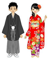 Couple wearing kimono -black and red