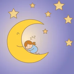 Poster meisje slaapt op de maan tussen de sterren © FJstudio