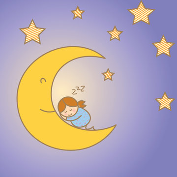 girl sleeping on moon among star