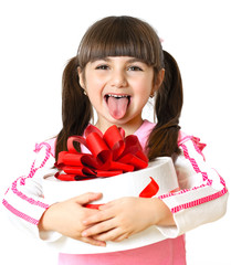 little girl with a gift on a white background