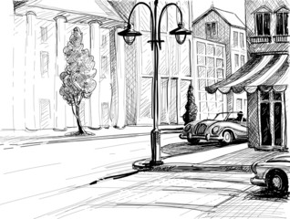 Retro miasta szkic, ulica, budynki i stare samochody wektor ilustr - 47349300