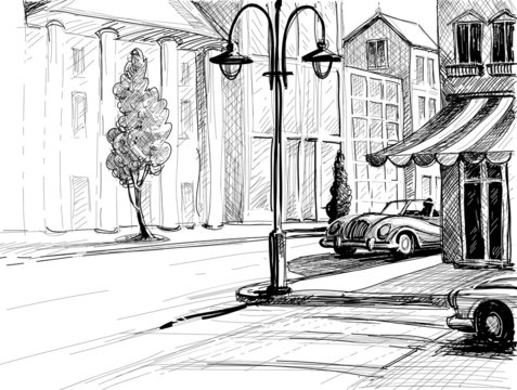 City street graphic black white cityscape sketch illustration vector Stock  Vector Image  Art  Alamy