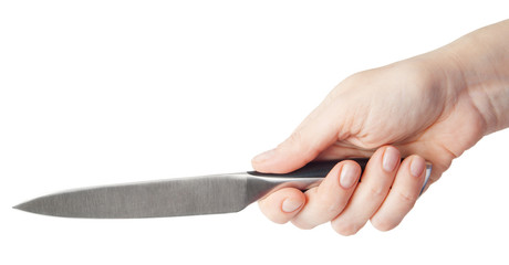 Knife in woman hand isolated on white