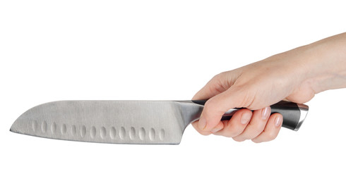 Knife in woman hand isolated on white